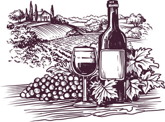 Glass of Wine, Grapes against the Backdrop of a Rural Landscape with Vineyards, Vintage Ink Illustration