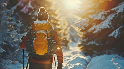 Hiker walking through snowy forest trail at sunrise
