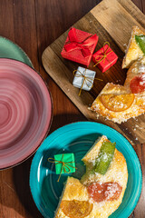 Traditional Rosco de Reyes cake with Christmas decorations