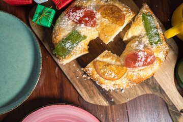 Three Kings' Cake with Christmas decorations and gifts