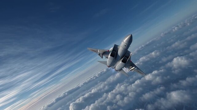 Cinematic Depiction of a Fighter Jet Flying at Mach Speed Through the Skies, Showcasing Supersonic Motion, Aerodynamic Design, Dramatic Clouds, and the Power and Thrill of High-Speed Aerial Flight