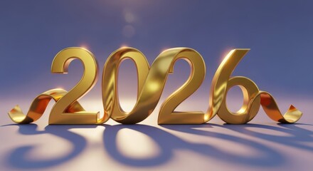Golden 3d numbers 2026 with flowing ribbons on a blue background