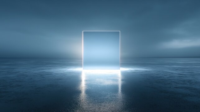 Futuristic glowing square standing in the middle of the ocean. - Powered by Adobe