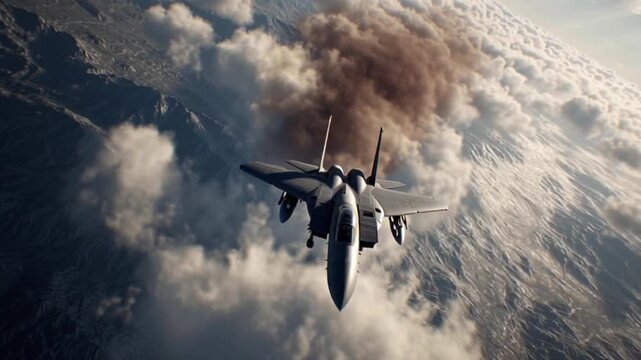 Cinematic Depiction of a Fighter Jet Flying at Mach Speed Through the Skies, Showcasing Supersonic Motion, Aerodynamic Design, Dramatic Clouds, and the Power and Thrill of High-Speed Aerial Flight