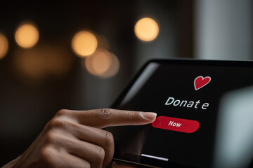 Female hand pressing Donate Now button on digital tablet screen