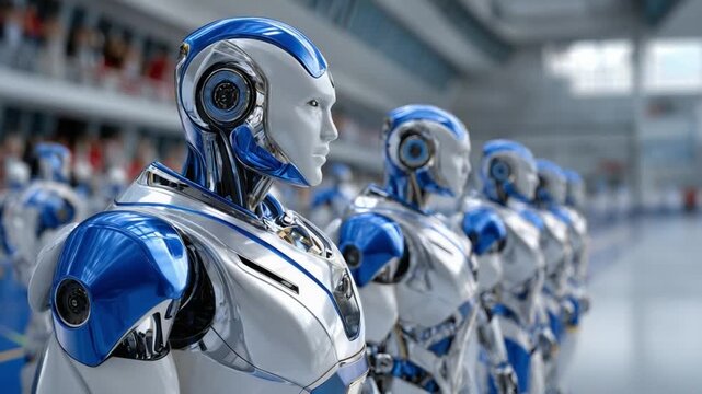 Robots in a Row: A line of sleek, futuristic robots stand in formation, showcasing advanced technology and innovation.