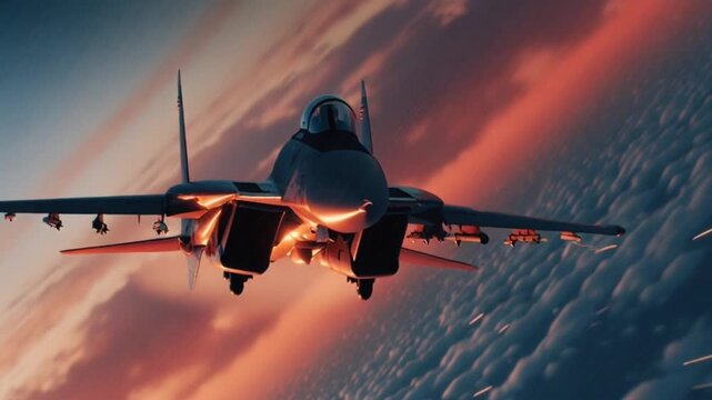 Cinematic Depiction of a Fighter Jet Flying at Mach Speed Through the Skies, Showcasing Supersonic Motion, Aerodynamic Design, Dramatic Clouds, and the Power and Thrill of High-Speed Aerial Flight