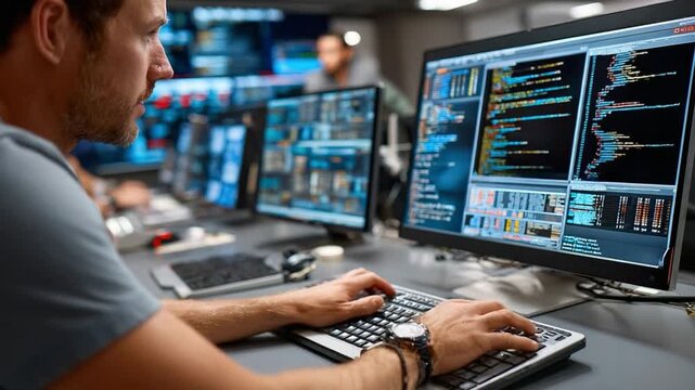 Coding in the Hub: A focused programmer intently types on a keyboard in a dimly lit room, surrounded by multiple computer screens displaying complex code and data.