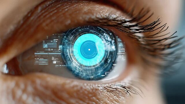 Vision of the Future: An extreme close-up of a human eye, replaced with high-tech bionic implants, with a glowing interface and a glimpse into technological possibilities.
