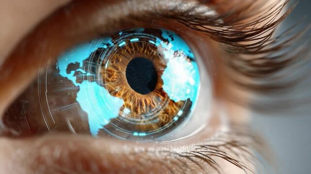 Global Vision: An intriguing composite image of a human eye with a digital representation of the world map superimposed on the iris. - Powered by Adobe