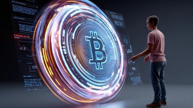 Bitcoin and Future Technology: A person interacts with a futuristic digital interface showcasing the cryptocurrency Bitcoin, symbolizing innovation and the digital era. - Powered by Adobe