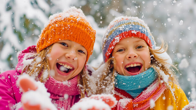 Children snow winter joy smiling happy playful outdoors cold snowflakes fun laughter winter clothing warmth hat scarf siblings friendship