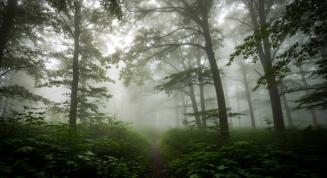 A foggy forest scene with tall trees and a path leading into the mist covered woodland landscape ai generated - Powered by Adobe