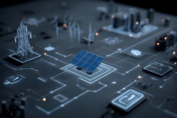 Solar panels on a futuristic digital circuit board showcasing renewable energy technology innovations