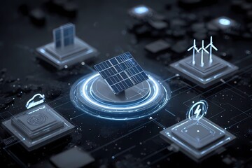 Innovative energy solutions represented by solar panels and wind turbines in a digital landscape