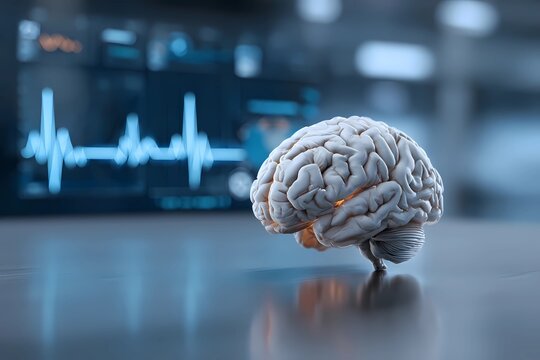 Human brain model with glowing elements displayed in a medical environment during research