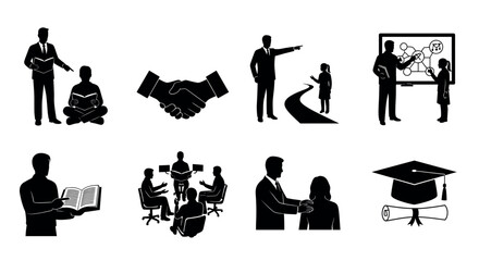 Black silhouette icons representing education concepts, including adult teaching, reading, and mentorship in various professional and academic settings.