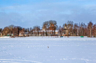 A view of ice-bound Lake Seliger and the Bogoroditsky Convent. Ostashkov, Tver Oblast, Russia