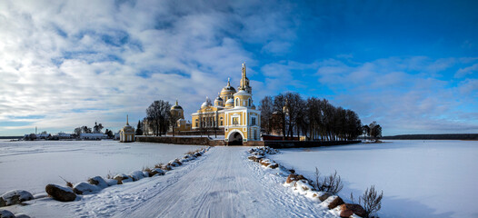 The Nilov-Stolobenskaya Hermitage on Lake Seliger, on Stolobny Island, on a sunny winter day. Tver Oblast, Russia