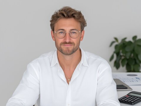 Professional man with glasses in a white shirt is seated at a desk, surrounded by office equipment, exuding confidence and approachability in a modern workspace