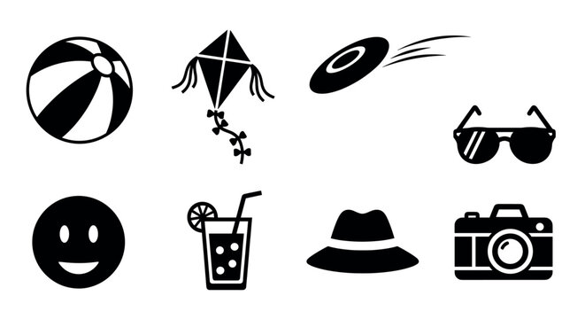 Black silhouette vector icons of a beach ball, kite, frisbee, sunglasses, smiling face, drink with straw, fedora hat, and a camera.