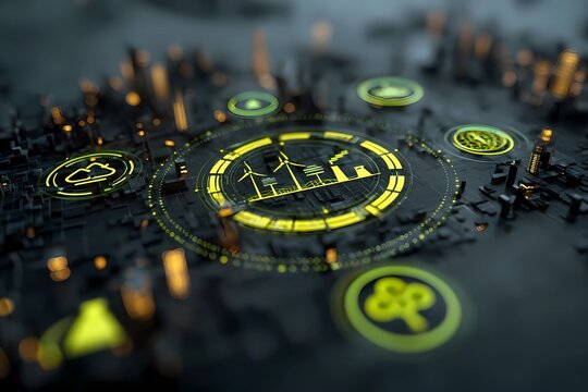 Innovative urban technology concept showing renewable energy and smart city icons on a dark background