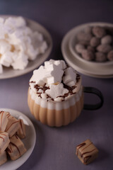 cozy setting featuring a creamy hot drink topped with star-shaped marshmallows and chocolate sprinkles, surrounded by plates of delicate sweets and chocolates creating a warm, inviting atmosphere