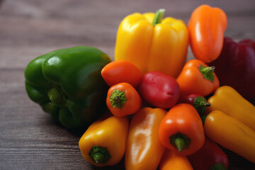 a vibrant assortment of green, yellow, orange, and red bell peppers artistically arranged on a wooden surface, highlighting their fresh, lively colors and natural textures, vegetarian, vegan, foodie