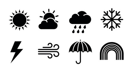 Black weather icons featuring a sun, sun with clouds, rain cloud, snowflake, lightning bolt, wind, umbrella, and rainbow, each symbolizing different weather conditions.