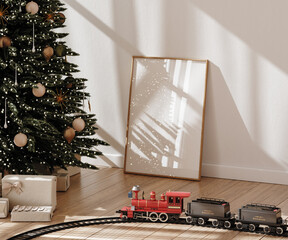 Naklejka premium Christmas poster frame mockup in Scandinavian interior with Christmas tree and gifts, 3d render