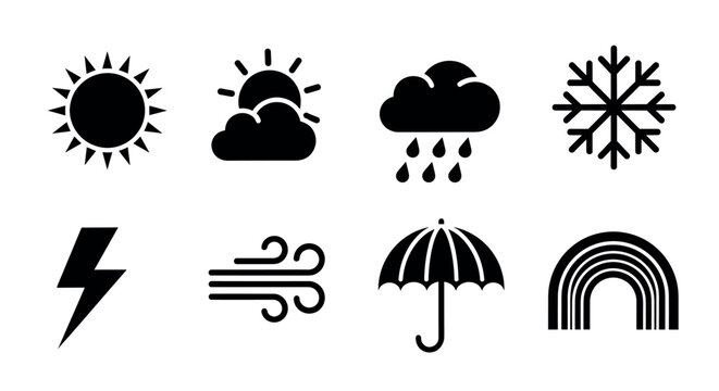 Black weather icons featuring a sun, sun with clouds, rain cloud, snowflake, lightning bolt, wind, umbrella, and rainbow, each symbolizing different weather conditions.