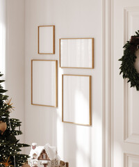 Naklejka premium Christmas poster frame mockup in Scandinavian interior with Christmas tree and gifts, 3d render