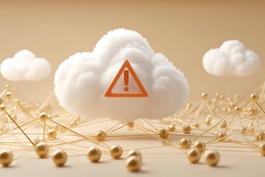 Cloud concept with warning sign and golden network connections showcasing digital uncertainty