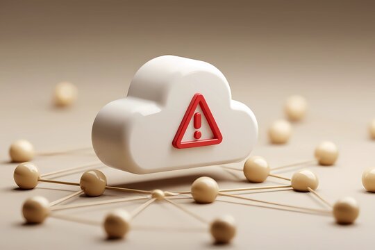 Cloud warning symbol surrounded by wooden nodes representing network connections and cyber alertness