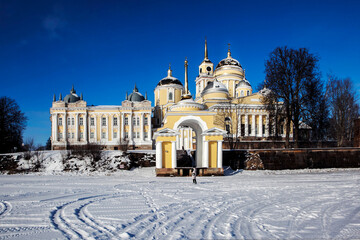 The Nilov-Stolobenskaya Hermitage on Lake Seliger, on Stolobny Island, on a sunny winter day. Tver Oblast, Russia