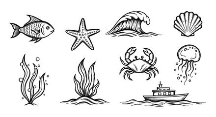 Obraz premium Black outline drawings of marine life including a fish, starfish, wave, shell, seaweed, crab, jellyfish, and boat, representing oceanic themes.