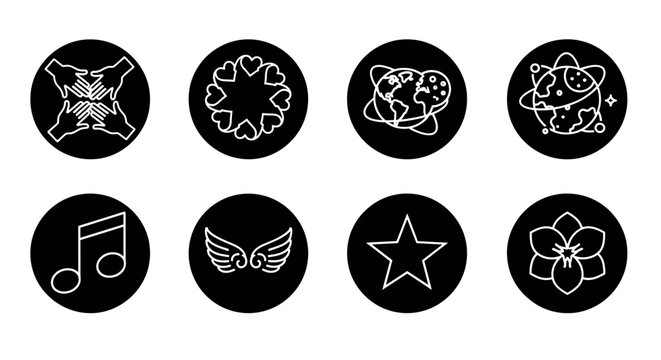 Eight round black icons featuring various white line symbols, including hands reaching together, a heart pattern, planets around earth, an atom, music note, wings, a star, and a flower.