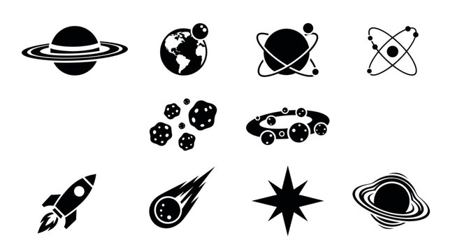 Black silhouette icons of planets, asteroids, a rocket, a comet, a star, and an atom configuration on a white background.