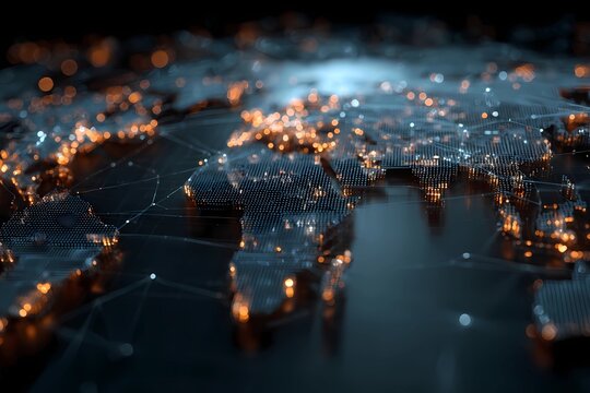 Digital world map with glowing connections and nodes showcasing global networks and data