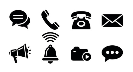 Collection of communication and notification icons including a speech bubble, phone, envelope, megaphone, bell, folder, and text chat.