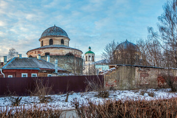 The Church of the Forerunner and the Resurrection Cathedral with the bell tower of the former Resurrection Convent. Torzhok, Tver Oblast, Russia
