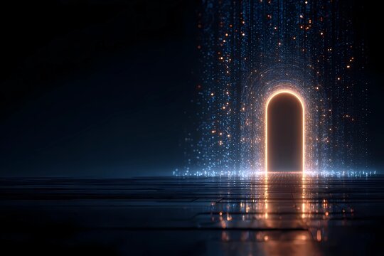 Light pours through an illuminated doorway in a dark and mystical space at night with shimmering effects - Powered by Adobe