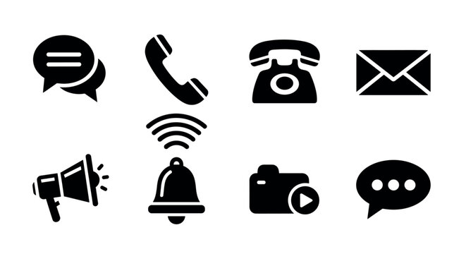 Set of eight black communication icons, including chat bubbles, telephones, envelope, megaphone, bell, camera, and video play button.