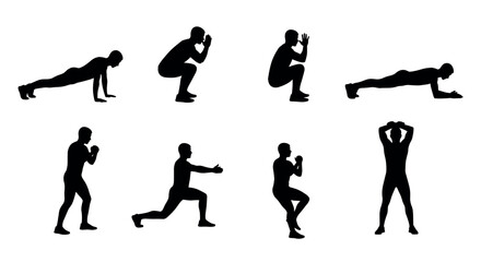 Obraz premium Silhouettes of a young african male performing various exercise positions, including push-up, squat, lunge, and plank on a plain white background.