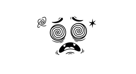 Black and white abstract illustration of a face displaying a shocked expression with spiral eyes and a small star symbol.