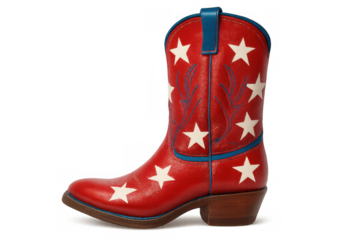 Red cowboy boot featuring white stars and blue accents, representing american patriotism, country style, and western fashion