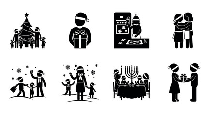 Silhouette illustrations showcasing various christmas activities, including gift exchange, family dinner, decorating a tree, and playing in snow, all featuring figures wearing santa hats.