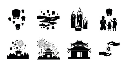 Black silhouette icons depicting a variety of cultural and religious themes, including lanterns, temples, fireworks, candles, and people engaging in prayer.