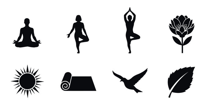 Black silhouette icons of people practicing yoga in various poses, a flower, the sun, a yoga mat, a bird, and a leaf symbolizing nature and relaxation.