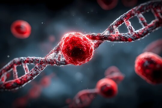 Red blood cells and DNA strands in a detailed microscopic view showcasing cellular structure and function
